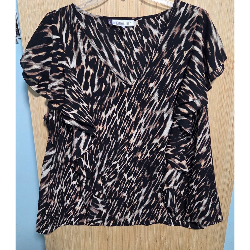 Jennifer Lopez Women XL Animal Print Ruffle V-Neck Short Sleeve Blouse Black Tan